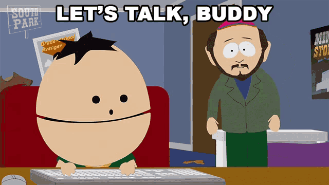 a cartoon character from south park is sitting at a computer