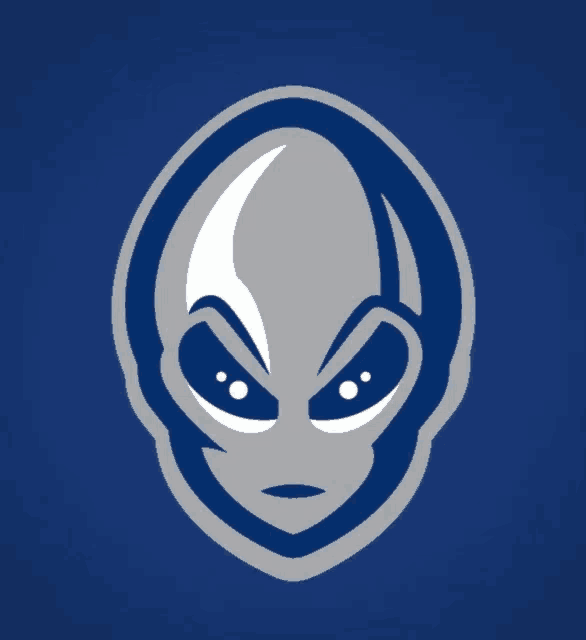 a blue and gray alien head on a dark blue background