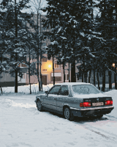 a car with a license plate that says bmw on it is parked in the snow