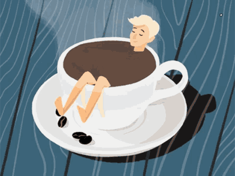 a man is sitting in a cup of coffee with his legs crossed