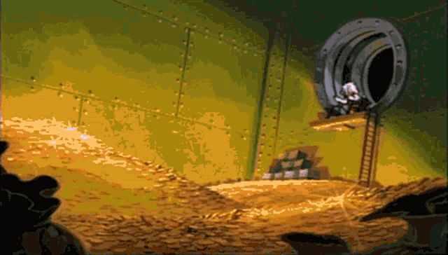 a cartoon drawing of a man sitting on a ladder in front of a pile of gold