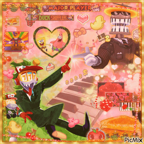 a collage of cartoon characters including spongebob and hello kitty is titled major player