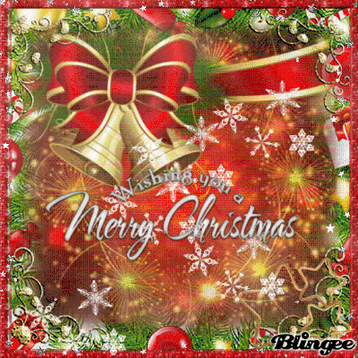 a merry christmas card with bells and a red ribbon