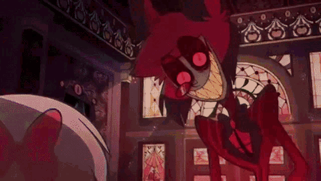 a cartoon character is standing in a room with stained glass windows and a very large mouth .