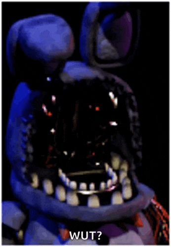 a picture of bonnie from five nights at freddy 's with his mouth open and the words " wut " on the bottom