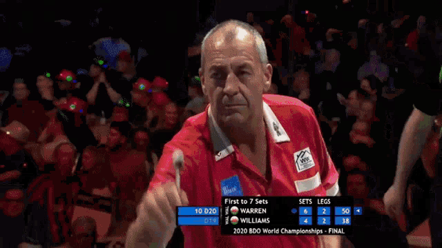 a dart board shows the scores of warren and williams during the 2020 bdo world championships