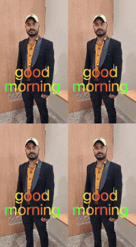 four pictures of a man in a suit and hat with the words good morning