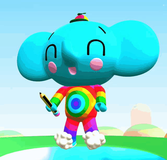 a cartoon elephant with a rainbow outfit and a hat is holding a pencil