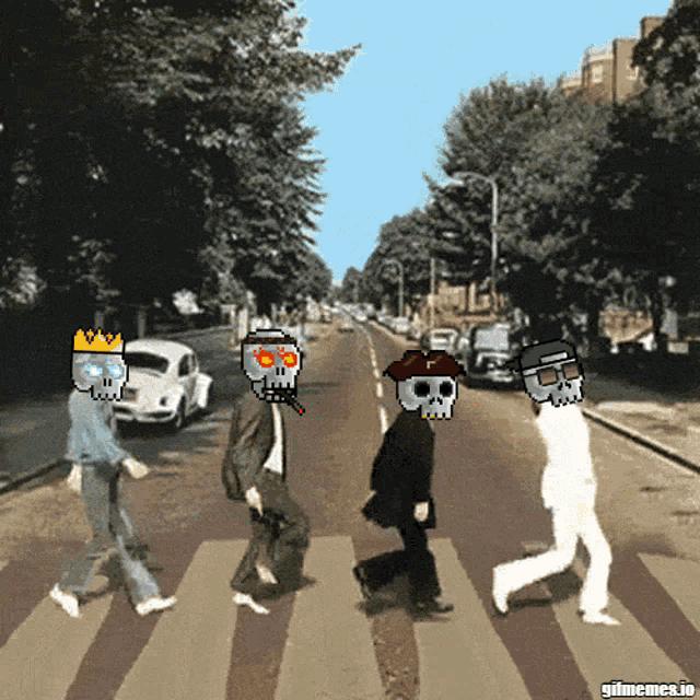 a pixel art of a group of people crossing a street with skulls on their faces
