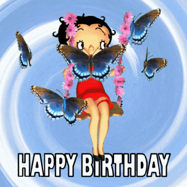 a birthday card with betty boop surrounded by butterflies and the words happy birthday