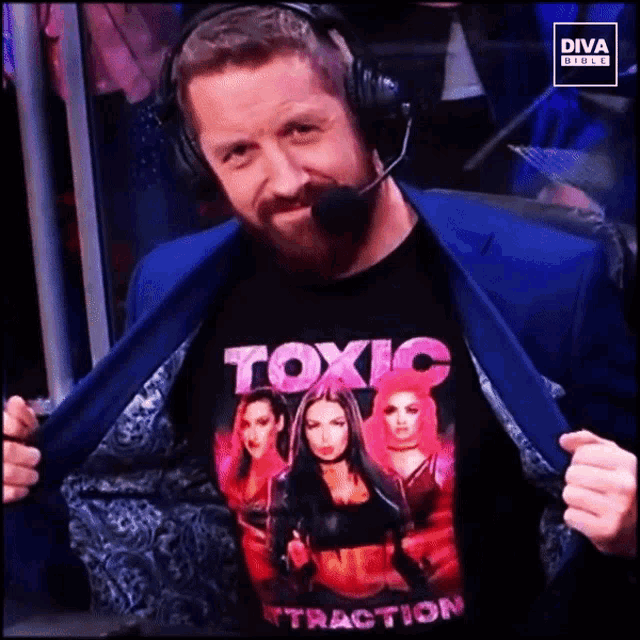 a man wearing a toxic attraction t-shirt