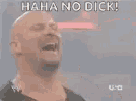 a bald man in a black tank top is standing in front of a crowd and says `` haha no dick '' .