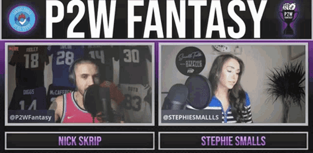 a man and a woman are sitting in front of microphones with the words p2w fantasy on the top