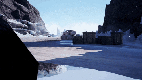 a computer generated image of a snowy landscape with rocks and boxes