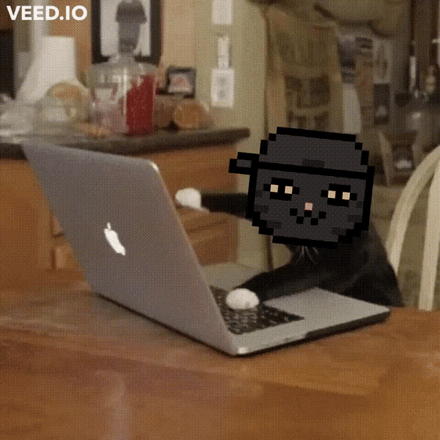 a pixelated cat is using an apple laptop
