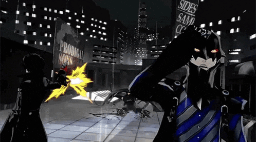 a man in a black and blue suit is standing in front of a building in a video game .