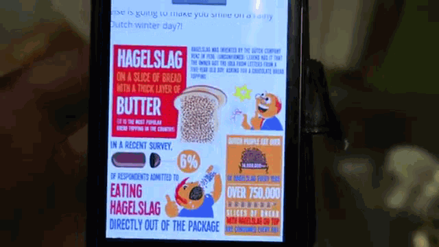 a phone screen shows information about hagelslag butter and eating hagelslag directly out of the package