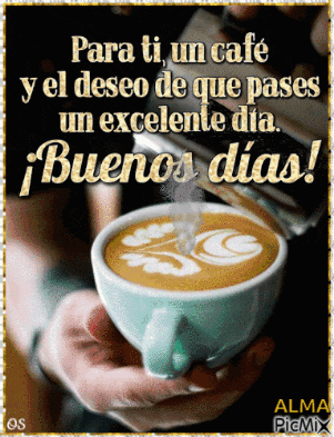 a person holding a cup of coffee that says buenos dias in spanish