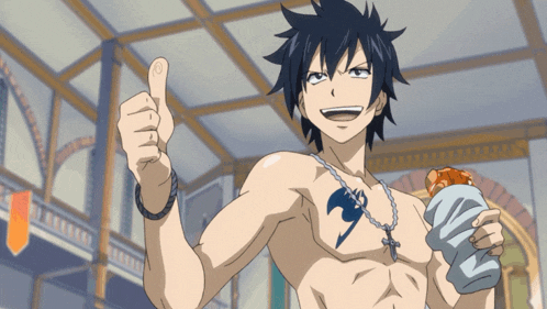 a shirtless anime character is giving a thumbs up sign