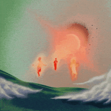 a painting of three people running in a field with a red background