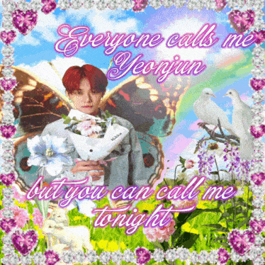 a picture of a boy holding flowers with the words everyone calls me yeongjun but you can call me tonight