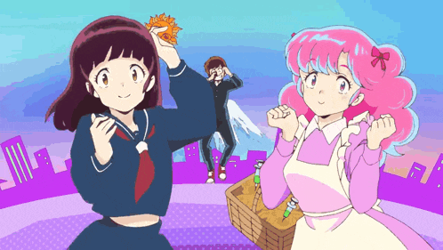 a cartoon drawing of a girl with pink hair and a basket
