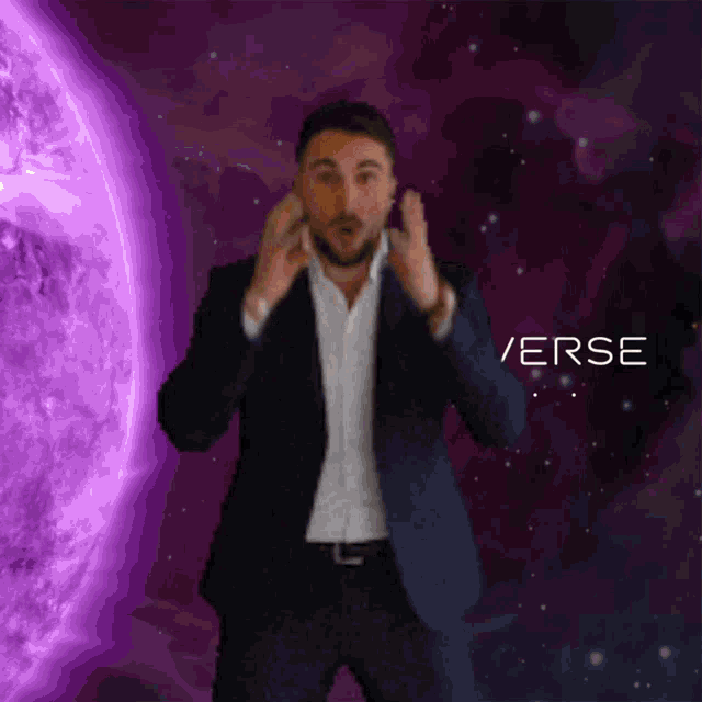 a man in a suit is standing in front of a purple planet and the word verse is on the bottom