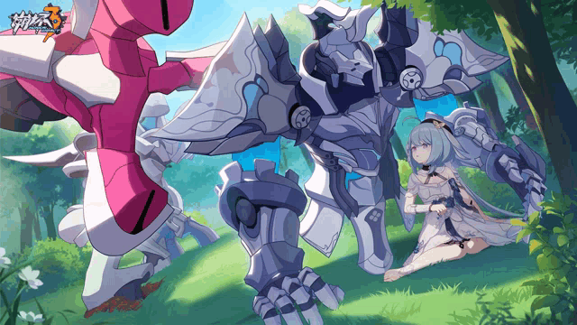 a girl in a white dress is kneeling next to a robot with chinese writing on it