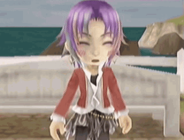 a girl with purple hair and a red jacket is standing on a beach with her eyes closed