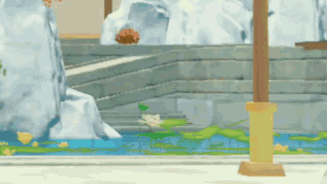 a cartoon bear is standing in front of a waterfall