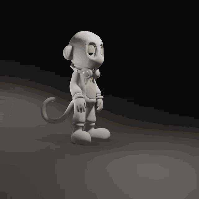 a white monkey with headphones around his neck is standing in the dark