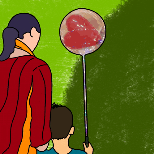 a cartoon of a woman and a boy looking at a bubble with a heart in it