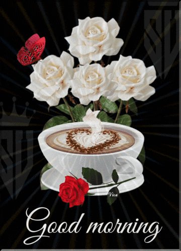 a card that says good morning with a cup of coffee