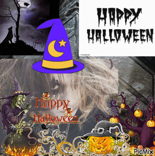 a halloween greeting card with a witch a cauldron pumpkins and a sign that says happy halloween