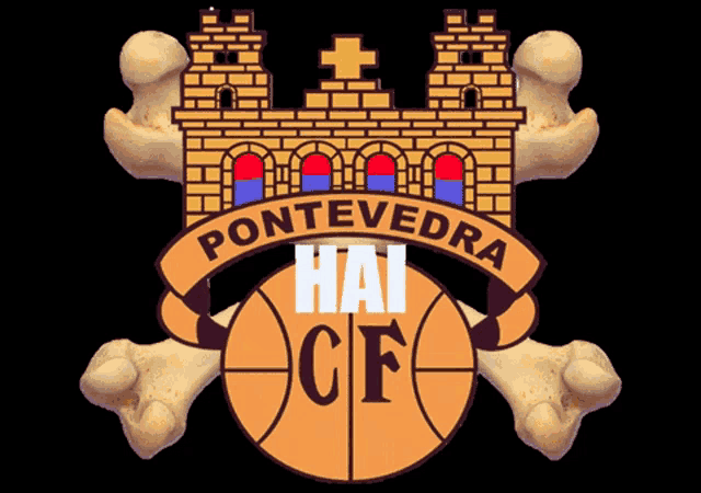 a logo for pontevedra hai cf with a basketball and bones
