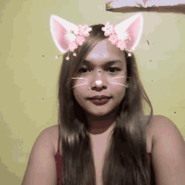 a woman with cat ears and flowers on her head looks at the camera
