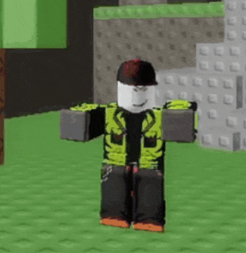 a roblox character wearing a yellow jacket and a black hat is standing on a green field .
