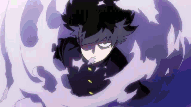 a cartoon character is surrounded by purple smoke in a purple background .