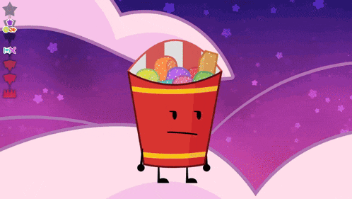 a cartoon character with a red bucket full of candy on a purple background