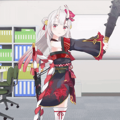 a girl with white hair and red eyes holds a large sword