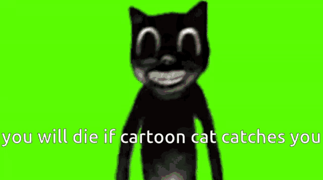 a cartoon cat is on a green screen with the words `` you will die if cartoon cat catches you '' written on it .