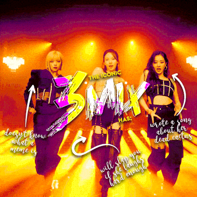 three women are dancing in front of a sign that says 3 mix