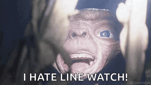 a close up of a person 's face with the words `` i hate line watch '' written below it .