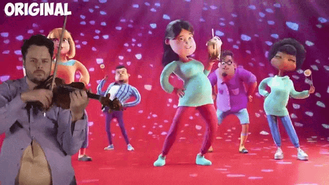 a man is playing a violin in front of a group of cartoon characters and the words original are on the bottom
