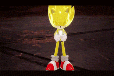 a yellow sonic the hedgehog is holding a green object