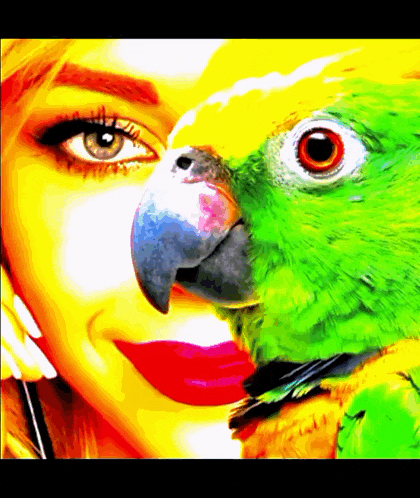 a painting of a woman with a green parrot on her face
