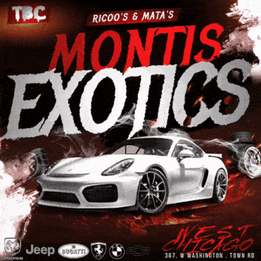 a poster for montis exotics with a white sports car on it