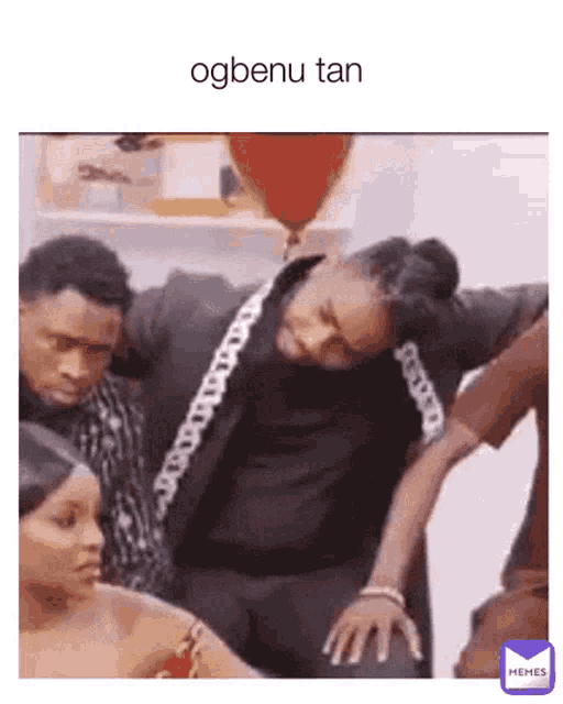 a group of people are standing around a woman with the words ogbenu tan written on the bottom
