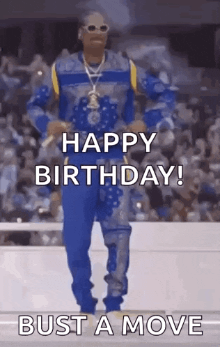 snoop dogg is dancing in front of a crowd and says `` happy birthday ! bust a move ''