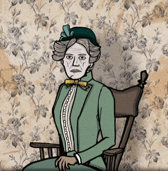 a cartoon drawing of an elderly woman sitting in a chair in front of a floral wallpaper